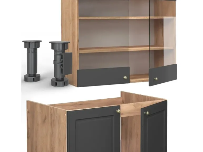 Vicco Fame-Line Küchenschränke Anthrazit Landhaus/Goldkraft Eiche 240 cm AP Eiche ohne E-Geräte