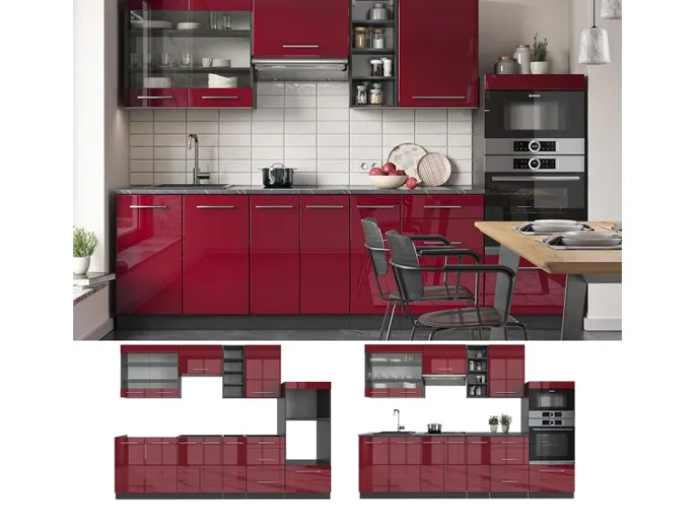 Vicco Fame-Line Küchenschränke Bordeaux Hochglanz/Anthrazit 280 cm AP Anthrazit ohne E-Geräte