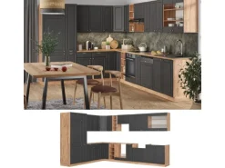 Vicco Fame-Line Küchenschränke Anthrazit Landhaus/Goldkraft Eiche 347 x 257 cm AP Marmor ohne E-Geräte