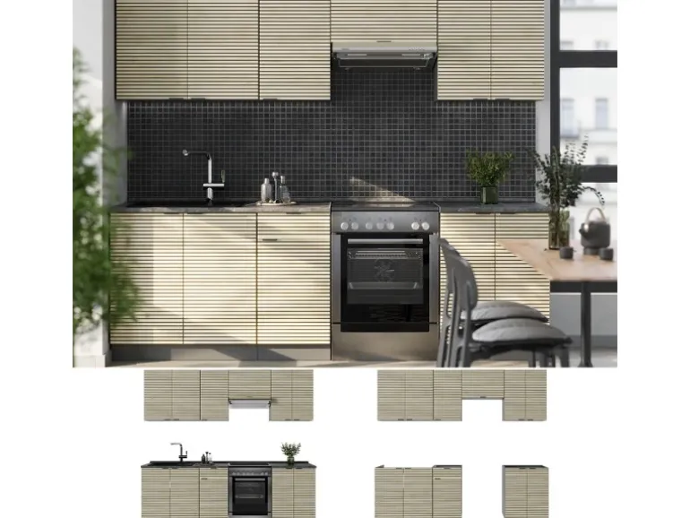 Vicco Fame-Line Küchenschränke Eiche Paneel/Anthrazit 240 cm AP Marmor ohne E-Geräte