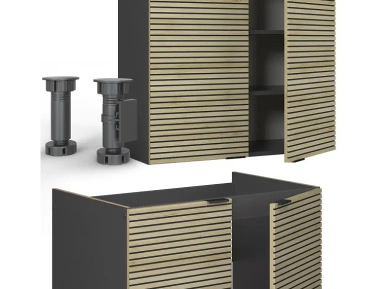 Vicco Fame-Line Küchenschränke Eiche Paneel/Anthrazit 240 cm AP Marmor ohne E-Geräte