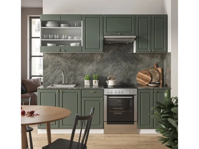 Vicco Fame-Line Küchenschränke Grün-Gold Landhaus/Weiß 240 cm ohne Arbeitsplatte ohne E-Geräte