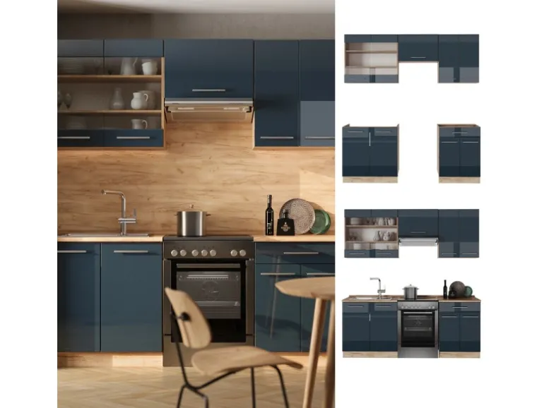 Vicco Fame-Line Küchenschränke Dunkelblau Hochglanz/Goldkraft Eiche 200 cm AP Eiche ohne E-Geräte