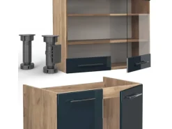 Vicco Fame-Line Küchenschränke Dunkelblau Hochglanz/Goldkraft Eiche 200 cm AP Eiche ohne E-Geräte