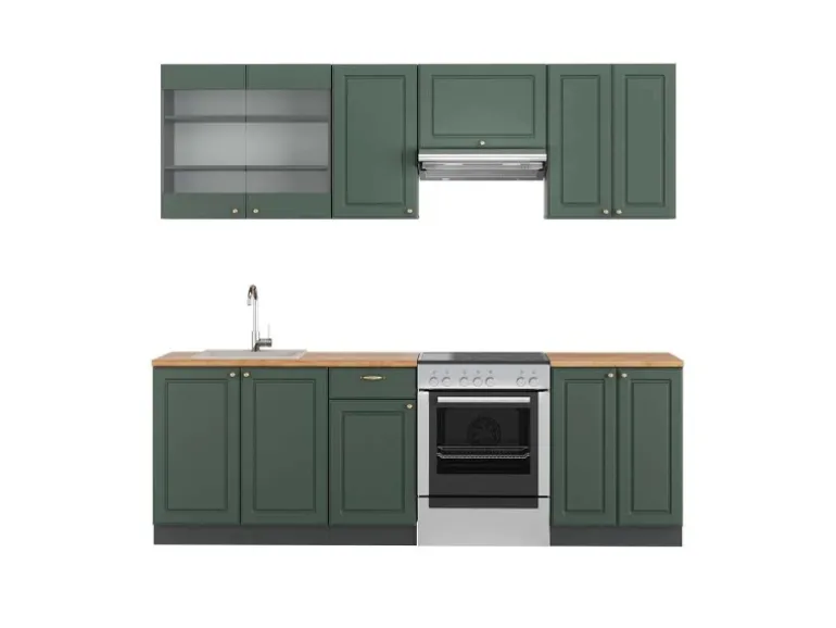 Vicco Fame-Line Küchenschränke Grün-Gold Landhaus/Anthrazit 240 cm AP Eiche ohne E-Geräte