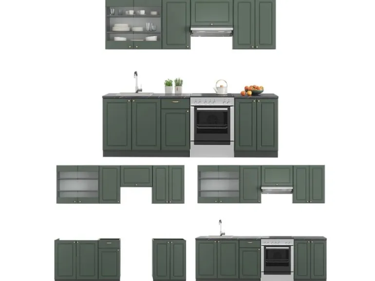 Vicco Fame-Line Küchenschränke Grün-Gold Landhaus/Anthrazit 240 cm AP Eiche ohne E-Geräte