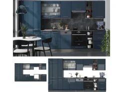 Vicco Fame-Line Küchenschränke Dunkelblau Hochglanz/Anthrazit 355 cm AP Marmor ohne E-Geräte