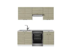 Vicco Fame-Line Küchenschränke Eiche Paneel/Weiß 200 cm AP Marmor ohne E-Geräte