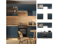 Vicco Fame-Line Küchenschränke Dunkelblau Hochglanz/Goldkraft Eiche 200 cm AP Marmor ohne E-Geräte