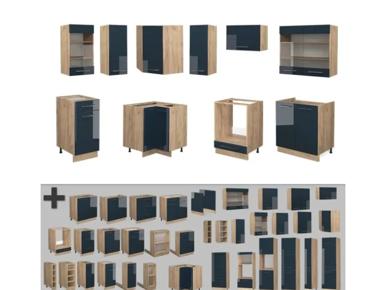 Vicco Fame-Line Küchenschränke Dunkelblau Hochglanz/Goldkraft Eiche 160 x 60 cm ohne Arbeitsplatte ohne E-Geräte