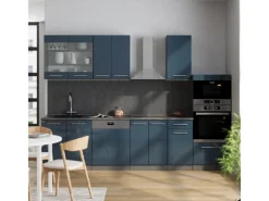 Vicco Fame-Line Küchenschränke Dunkelblau Hochglanz/Anthrazit 300 cm mit HochschrankAP Marmor ohne E-Geräte