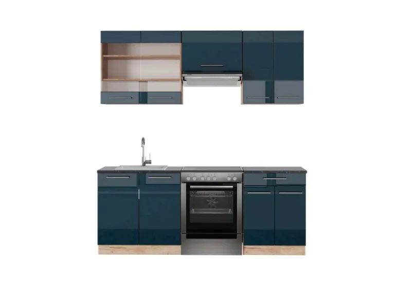 Vicco Fame-Line Küchenschränke Dunkelblau Hochglanz/Goldkraft Eiche 200 cm AP Anthrazit ohne E-Geräte