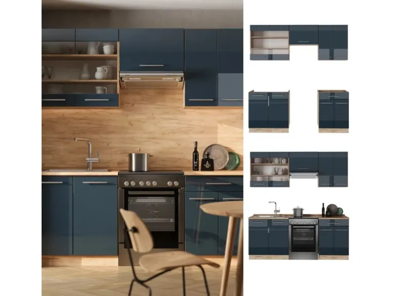 Vicco Fame-Line Küchenschränke Dunkelblau Hochglanz/Goldkraft Eiche 200 cm AP Anthrazit ohne E-Geräte