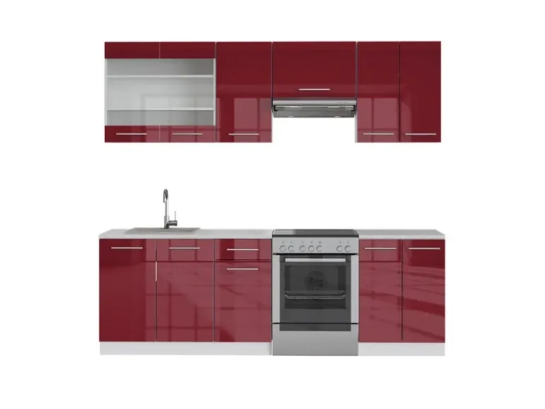 Vicco Fame-Line Küchenschränke Bordeaux Hochglanz/Weiß 240 cm AP Marmor ohne E-Geräte