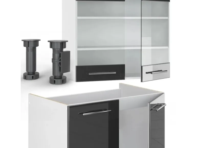 Vicco Fame-Line Küchenschränke Anthrazit Hochglanz/Weiß 240 cm AP Eiche ohne E-Geräte