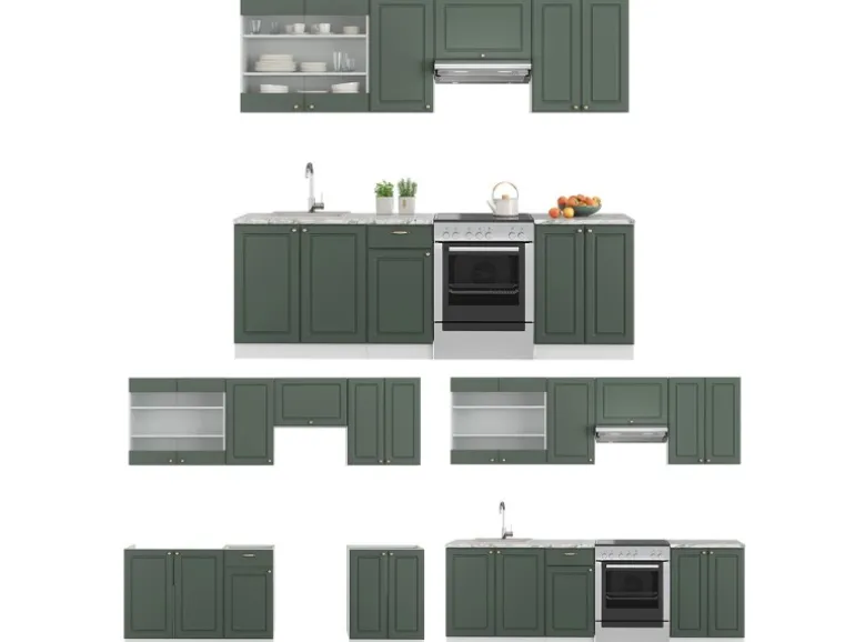 Vicco Fame-Line Küchenschränke Grün-Gold Landhaus/Weiß 240 cm AP Anthrazit ohne E-Geräte