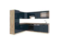 Vicco Fame-Line Küchenschränke Dunkelblau Hochglanz/Goldkraft Eiche 227 x 60 cm ohne Arbeitsplatte ohne E-Geräte