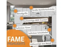 Vicco Fame-Line Küchenzeile Bordeaux Hochglanz/Weiß 300 cm mit HochschrankAP Eiche ohne E-Geräte