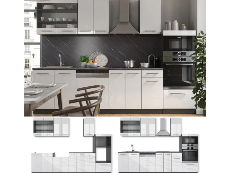 Vicco Fame-Line Küchenzeile Weiß Hochglanz/Anthrazit 300 cm mit Hochschrankohne Arbeitsplatte ohne E-Geräte