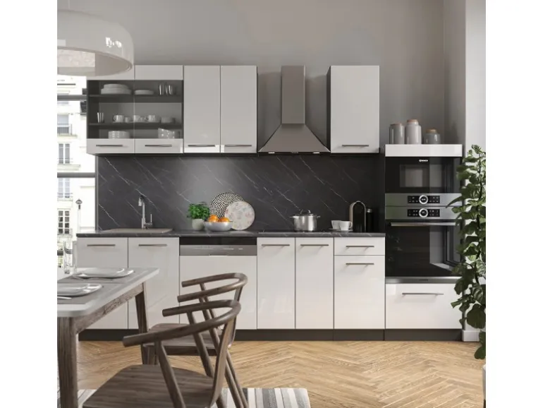 Vicco Fame-Line Küchenzeile Weiß Hochglanz/Anthrazit 300 cm mit Hochschrankohne Arbeitsplatte ohne E-Geräte