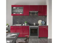 Vicco Fame-Line Küchenzeile Bordeaux Hochglanz 240 cm AP Eiche ohne E-Geräte