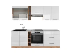 Vicco Fame-Line Küchenzeile Weiß Hochglanz/Goldkraft Eiche 235 cm AP Marmor ohne E-Geräte