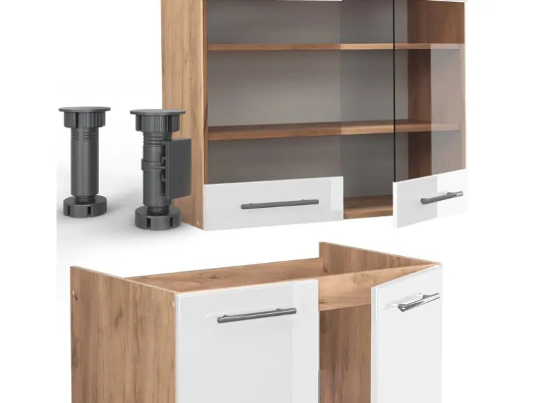Vicco Fame-Line Küchenzeile Weiß Hochglanz/Goldkraft Eiche 235 cm AP Marmor ohne E-Geräte
