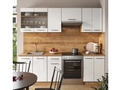 Vicco Fame-Line Küchenzeile Weiß Hochglanz/Goldkraft Eiche 240 cm ohne Arbeitsplatte ohne E-Geräte
