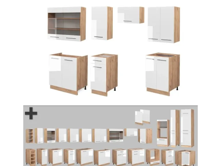 Vicco Fame-Line Küchenzeile Weiß Hochglanz/Goldkraft Eiche 240 cm ohne Arbeitsplatte ohne E-Geräte