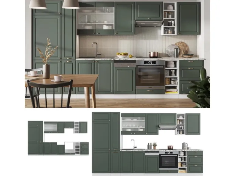 Vicco Fame-Line Küchenzeile Grün-Gold Landhaus/Weiß 355 cm AP Marmor ohne E-Geräte