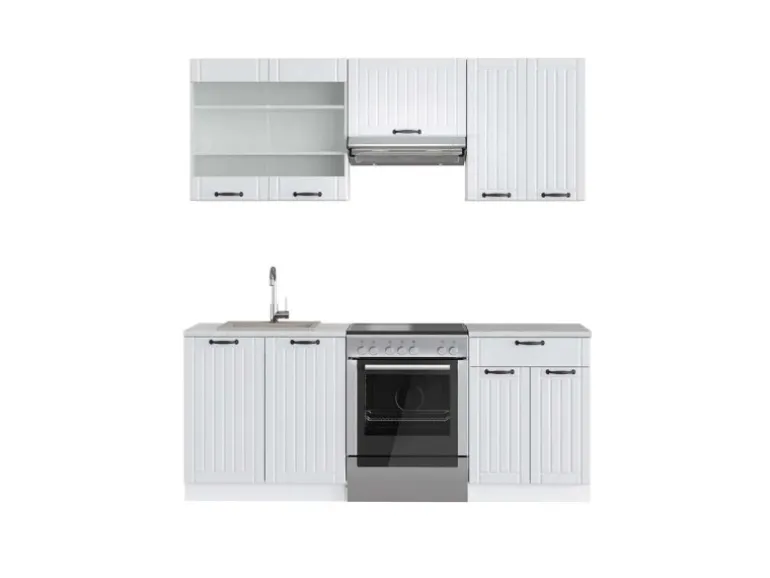 Vicco Fame-Line Küchenzeile Weiß Landhaus/Weiß 200 cm AP Marmor ohne E-Geräte