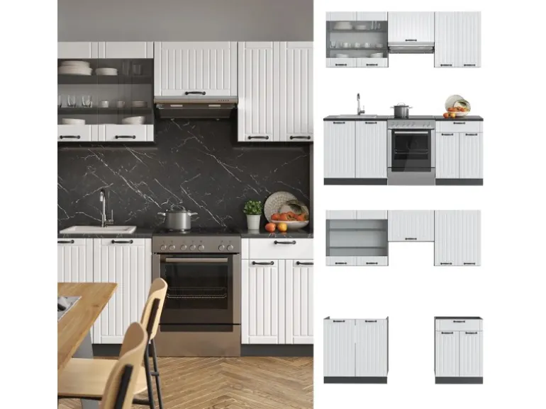 Vicco Fame-Line Küchenzeile Weiß Landhaus/Anthrazit 200 cm AP Anthrazit ohne E-Geräte
