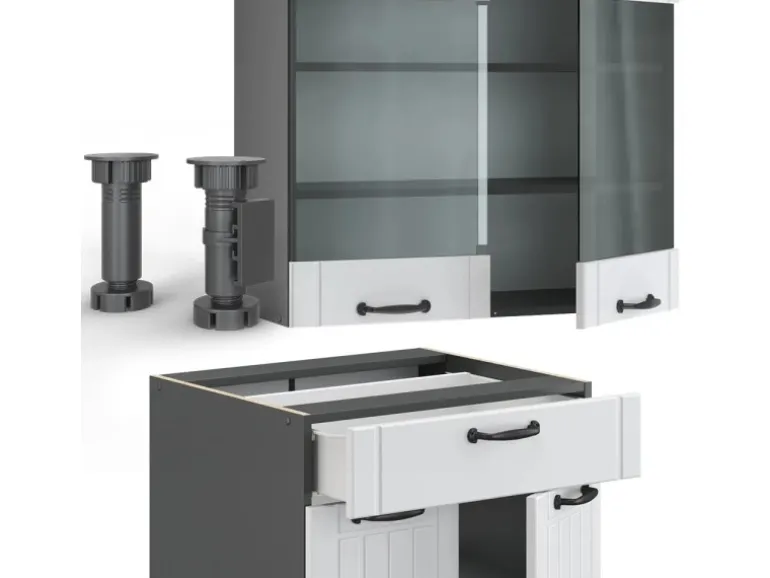 Vicco Fame-Line Küchenzeile Weiß Landhaus/Anthrazit 200 cm AP Anthrazit ohne E-Geräte