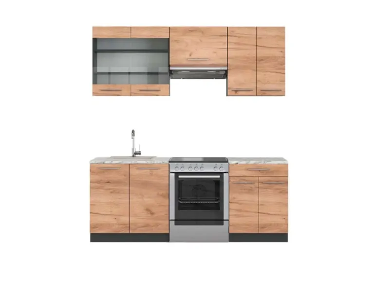 Vicco Fame-Line Küchenzeile Goldkraft Eiche/Anthrazit 200 cm AP Marmor ohne E-Geräte