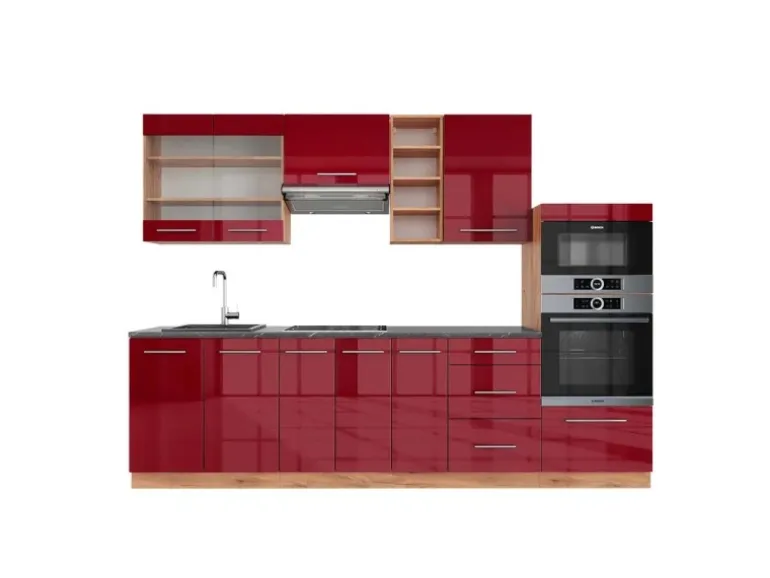 Vicco Fame-Line Küchenzeile Bordeaux Hochglanz/Goldkraft Eiche 280 cm AP Anthrazit ohne E-Geräte