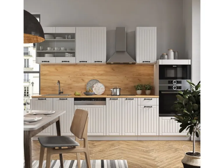 Vicco Fame-Line Küchenzeile Weiß Landhaus/Weiß 300 cm mit HochschrankAP Eiche ohne E-Geräte