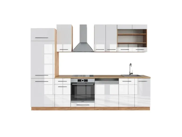 Vicco Fame-Line Küchenzeile Weiß Hochglanz/Goldkraft Eiche 300 cm ohne Arbeitsplatte ohne E-Geräte