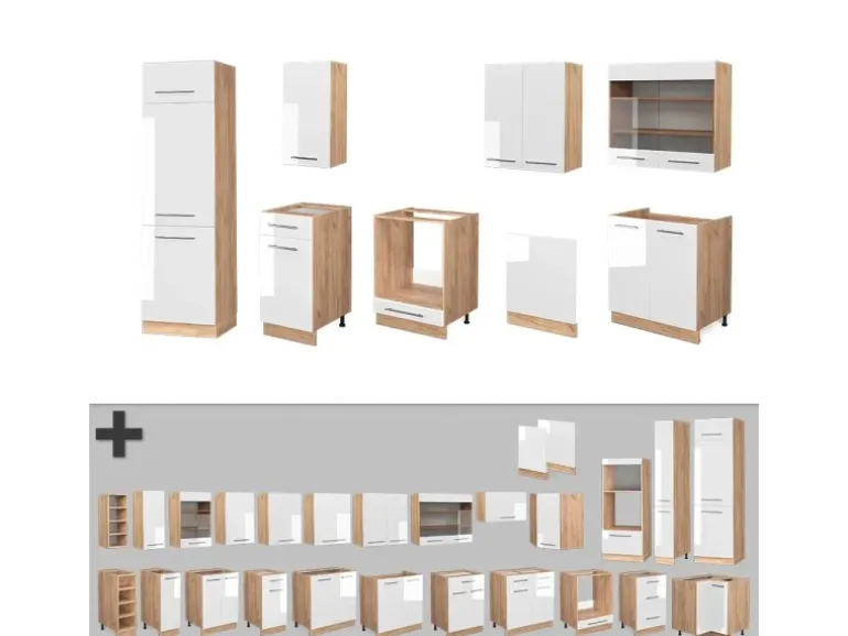 Vicco Fame-Line Küchenzeile Weiß Hochglanz/Goldkraft Eiche 300 cm ohne Arbeitsplatte ohne E-Geräte
