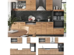 Vicco Fame-Line Küchenzeile Goldkraft Eiche/Anthrazit 300 cm mit Hochschrankohne Arbeitsplatte ohne E-Geräte