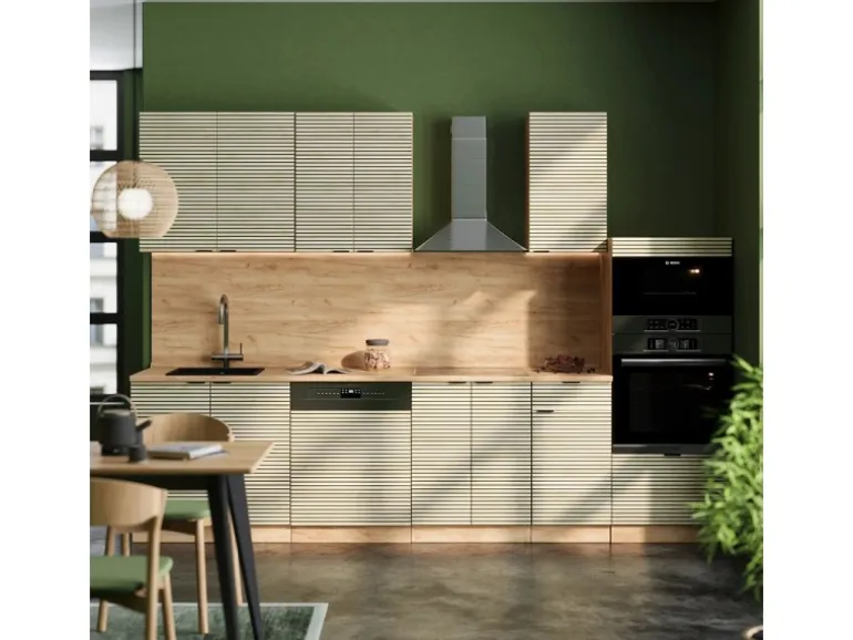 Vicco Fame-Line Küchenzeile Eiche Paneel/Goldkraft Eiche 300 cm mit HochschrankAP Anthrazit ohne E-Geräte