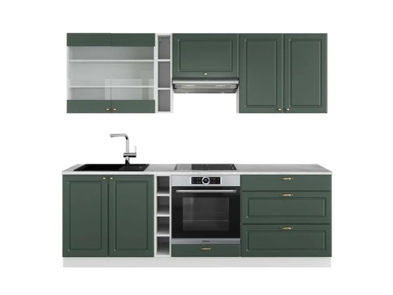 Vicco Fame-Line Küchenzeile Grün-Gold Landhaus/Weiß 235 cm AP Marmor ohne E-Geräte