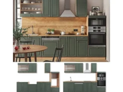 Vicco Fame-Line Küchenzeile Grün-Gold Landhaus/Goldkraft Eiche 300 cm mit HochschrankAP Eiche ohne E-Geräte
