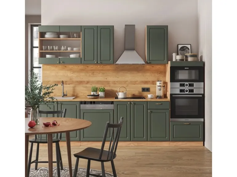 Vicco Fame-Line Küchenzeile Grün-Gold Landhaus/Goldkraft Eiche 300 cm mit HochschrankAP Eiche ohne E-Geräte