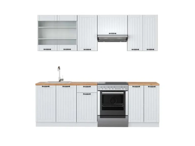 Vicco Fame-Line Küchenzeile Weiß Landhaus/Weiß 240 cm AP Eiche ohne E-Geräte