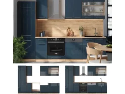 Vicco Fame-Line Küchenzeile Dunkelblau Hochglanz/Goldkraft Eiche 300 cm AP Anthrazit ohne E-Geräte
