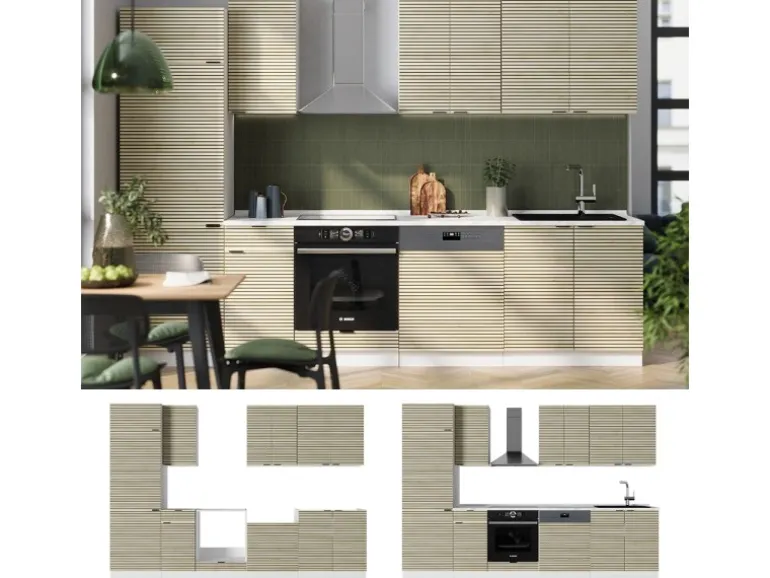 Vicco Fame-Line Küchenzeile Eiche Paneel/Weiß 300 cm AP Marmor ohne E-Geräte