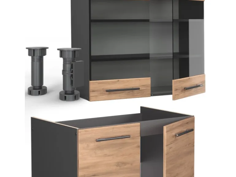 Vicco Fame-Line Küchenzeile Goldkraft Eiche/Anthrazit 240 cm ohne Arbeitsplatte ohne E-Geräte
