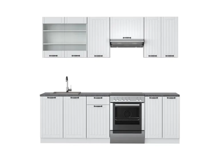 Vicco Fame-Line Küchenzeile Weiß Landhaus/Weiß 240 cm ohne Arbeitsplatte ohne E-Geräte