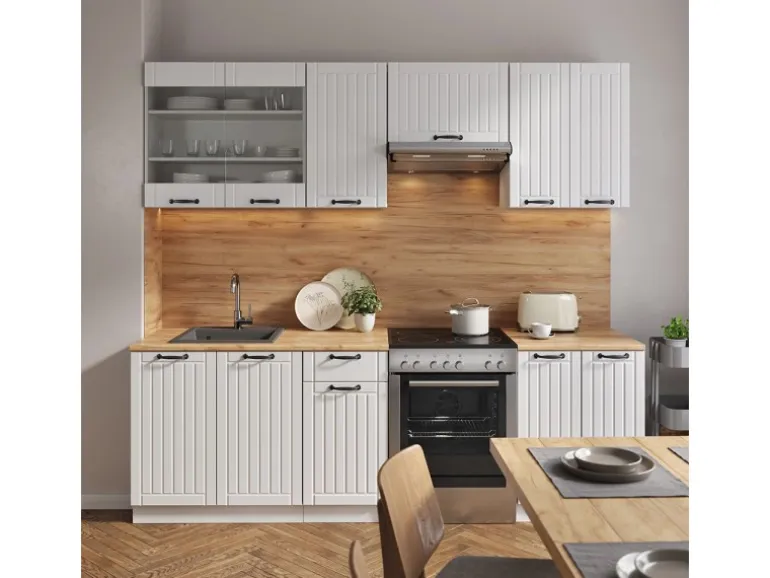 Vicco Fame-Line Küchenzeile Weiß Landhaus/Weiß 240 cm ohne Arbeitsplatte ohne E-Geräte