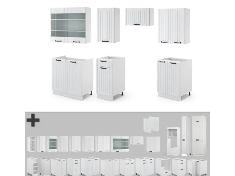Vicco Fame-Line Küchenzeile Weiß Landhaus/Weiß 240 cm ohne Arbeitsplatte ohne E-Geräte